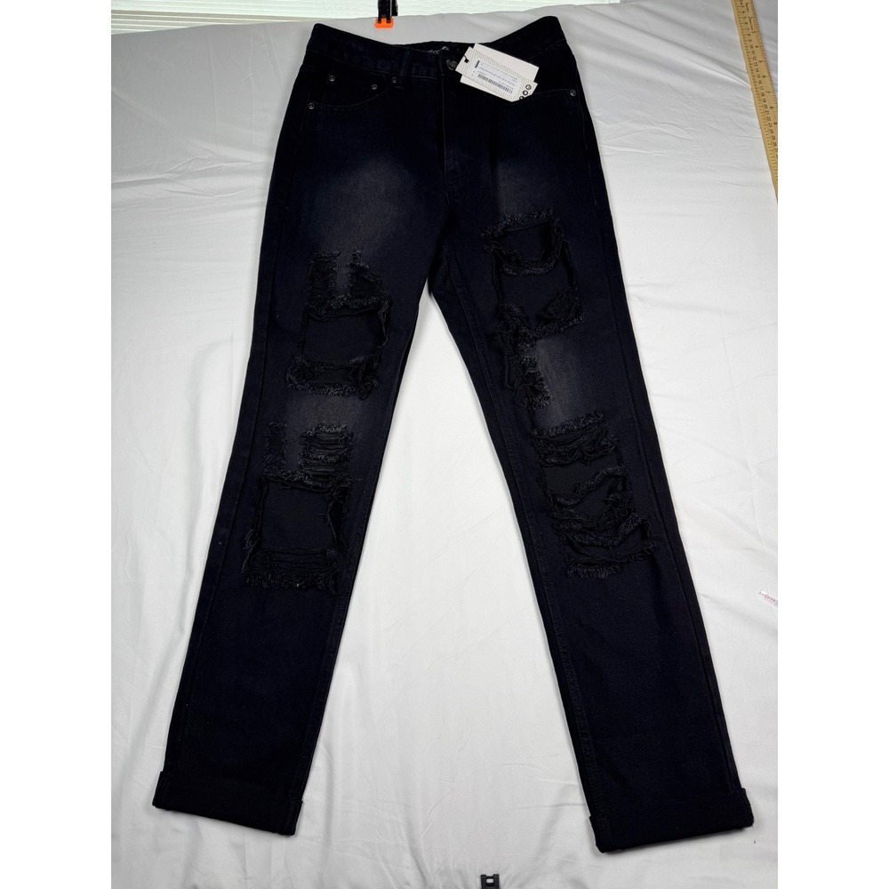 Boohoo Blue Mid Rise Black Wash Distressed Boyfriend Jeans Size 4 28x28